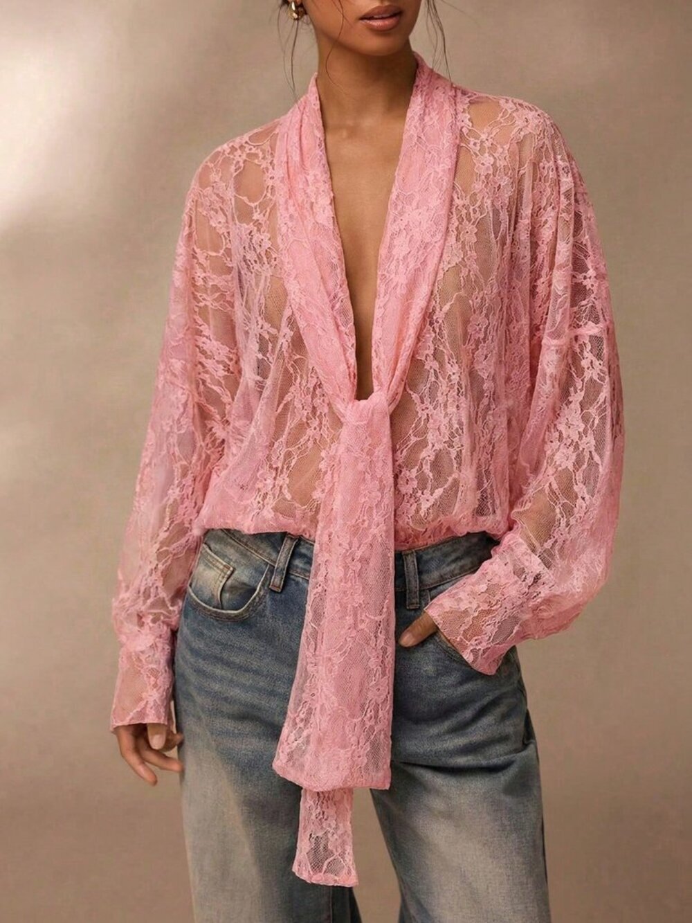 Pink Casual Women's Sheer Lace Long Sleeve Blouse
